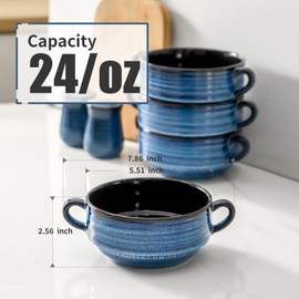 Hasense Soup Bowls with Handles, 24oz Stoneware French Onion Soup Bowls Crocks, Stackable Serving Bowls for Chili, Stew, Cereal, Modern Blue Bowl Set for Christmas Gifts, Oven Safe, Set of 4