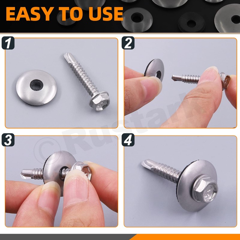 Rustark 350Pcs 8 Sizes #8#10#12#14 304 Stainless Steel Neoprene Sealing