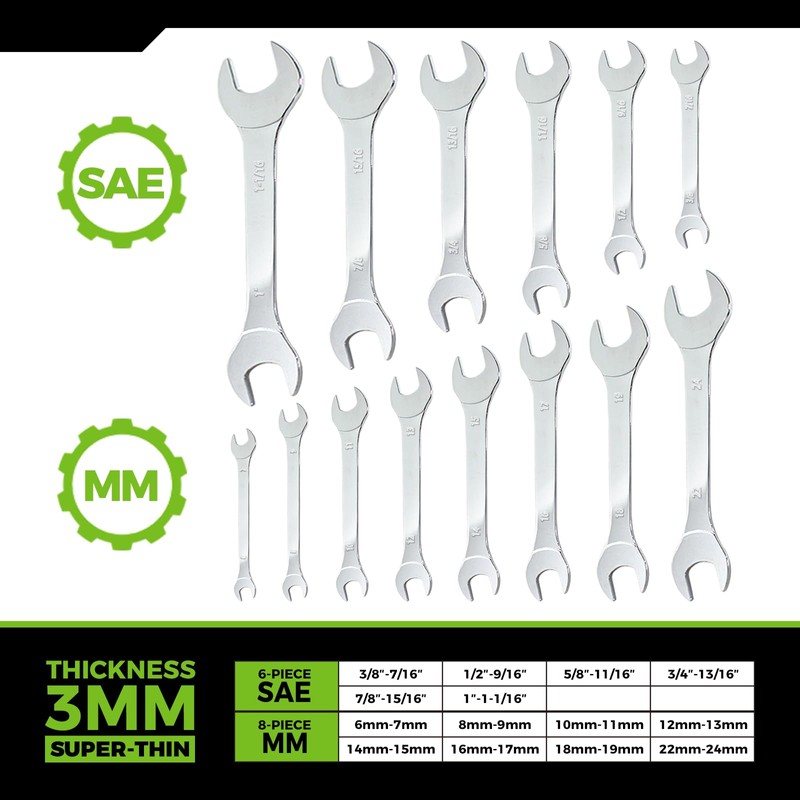 Der Erwachte Super-Thin Open End Wrench Set, 14-Piece SAE &
