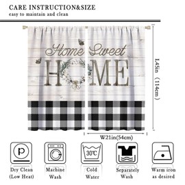 Rustic Farmhouse Curtains, Sweet Home Cotton Wreath Black White Check Decor Vintage Rural Barn Wooden Plank Drapes, Blackout Rod Pocket Window Treatments for Living Room Bedroom Kitchen 42x45in