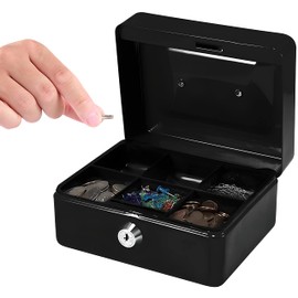 Retoo Lockable Cash Box 15 x 12 x 8 cm with Coin Insert and 2 Keys Made of Powder-Coated Steel, Fire Protection Box with Retractable Handle and Security Cylinder Lock (Black)