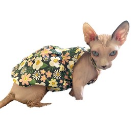 Hairless Cat Clothes - Breathable Summer Cotton Sundress with Sunflower Print Sleeveless Skirt Elegant Romantic Girly Vest Soft Princess Dress for Sphynx, Cornish Rex, Devon Rex, Peterbald (S)