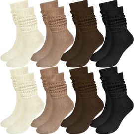ATZNZIK 8 Pairs Women Slouch Socks Soft Extra Long Boot Sock Thick Cotton Knee High Scrunch Socks for Women, Black Brown Beige Khak, 5-9