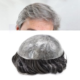 SINGA HAIR PU Toupee for Men Thin Skin Hair Replacement System Injected Knotless Human Hair Pieces 8x10 Full Poly Mens Toupee Black With 50% Gray Hair Units (1B50# Natural Black With 50% Gray)