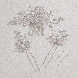 Famihot Hair Accessories, Pearl Comb, U Pins, 5-piece Set, Tree Leaves Flower Motif, Bride, Kanzashi, Crystal Headdress, Handmade Wedding, Yukata, Kimono, Hair Ornament, Flower, Weddings, Receptions