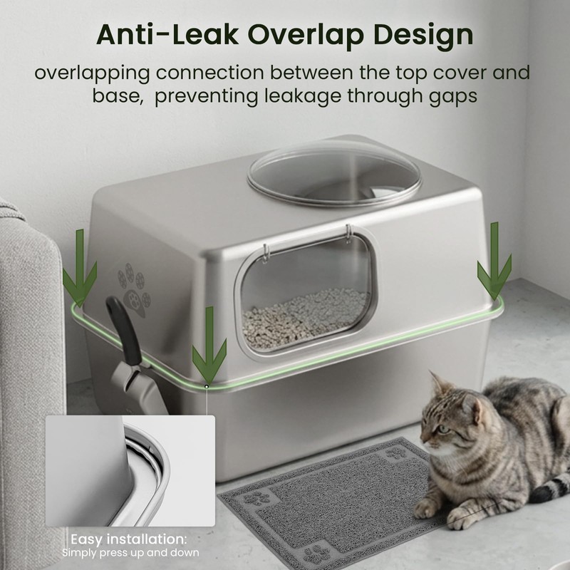 Large Enclosed Stainless Steel Cat Litter Box with Mat &