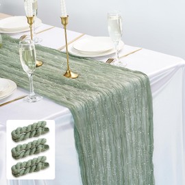 Gzcvba Cheesecloth Sparkly Table Runner 35x120 Inches Gauze Boho Rustic Cheese Cloth Table Runner for Baby Shower Wedding Party Easter Spring Summer Home Decorations (Sage Green, 3 Pack-10FT)