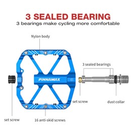PINNAMAX Bicycle Pedals 9/16 Inch CNC Aluminum Alloy Anti-Slip for Mountain Bike BMX E-Bike Road Bike (Blue)