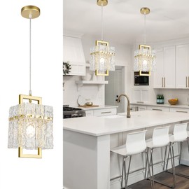 IKK Gold Crystal Pendant Light for Kitchen Island, Luxury Water Ripple Glass Chandelier Lights Fixture, Modern Elegant Adjustable Pendant Lighting for Dining Room Bedroom, E12 Bulb, L6.5'' x H11.8''