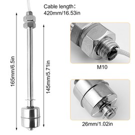 Water Float Switch, Stainless Steel, 150 mm Vertical Water Level Sensor, M10 Water Level Controller, 0~220 V Level Regulator, Suitable for Water Tanks, Swimming Pools, Sink (Silver)