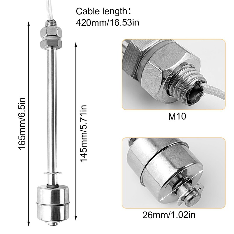 Water Float Switch, Stainless Steel, 150 mm Vertical Water Level