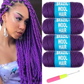 4Roll Brazilian Wool for Hair 100% Brazilian Wool Hair for African Crochet Hair Braiding Twisting Jumbo Braids/Senegalese Twist/Faux Locs/Wraps with Crochet Hook(4 Roll, Purple)