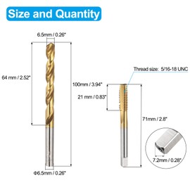 sourcing map Tap and Drill Bit Set, 1pcs 5/16-18 UNC Straight Flute Thread Screw Tap & 1pcs 6.5mm Twist Drill Bit, Titanium Coated HSS-6542 Tapping Threading Tool Kit