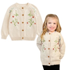 Simplee kids Baby Sweater Toddler Girls Cardigan Sweater Embroidered Strawberry Knit Sweater Beige 2-3Years