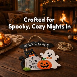 Halloween Welcome Door Hanger, Wooden Farmhouse Front Door Sign with Black Cat Ghost Pumpkin Tombstone, Cute Spooky Halloween Wall Hanging Decor for Indoor Outdoor Decoration.