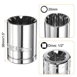 sourcing map 12 Point Socket 1/2" Drive by 20mm Metric Shallow Socket Chrome Vanadium Steel 12-Point Standard Sockets Mechanic Hand Tool for Car Repair Mechanical Maintenance Home Use