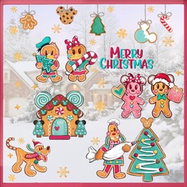 Mfault Merry Christmas Gingerbread House Window Clings 9 Sheets, Cartoon Mouse Duck Dog Xmas Tree Stickers Decals Decorations, Funny New Year 2025 Party Home Kitchen Decor Holiday Gifts