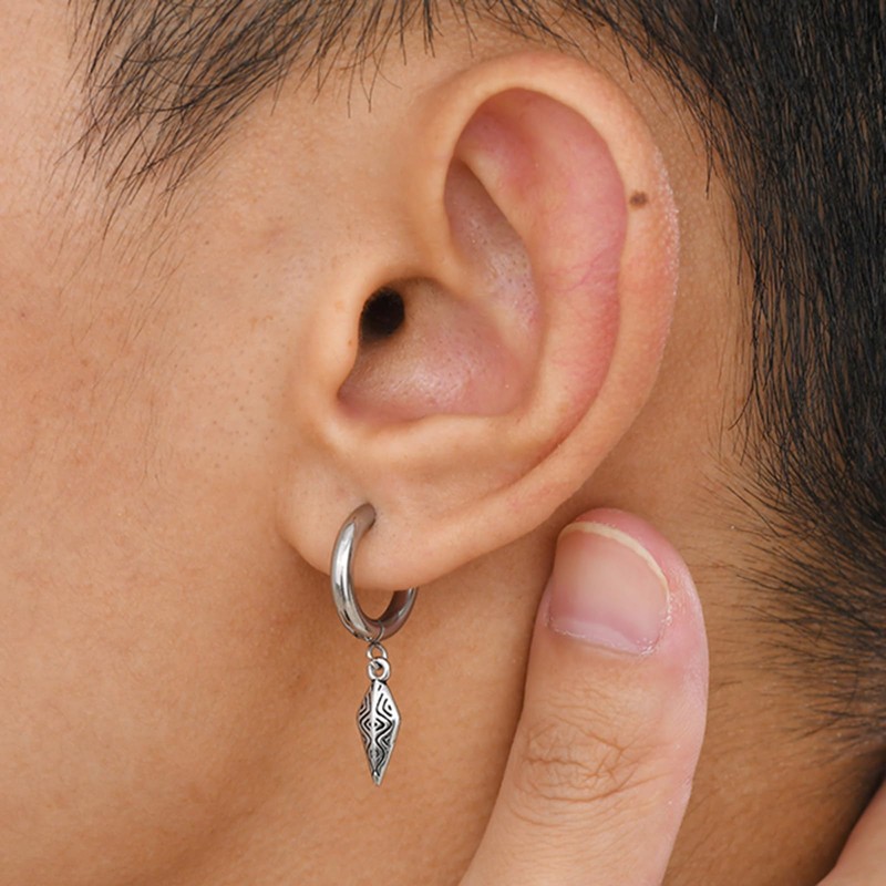 Rockyu Men's Stainless Steel Hoop Earrings for One Ear, Rhombus