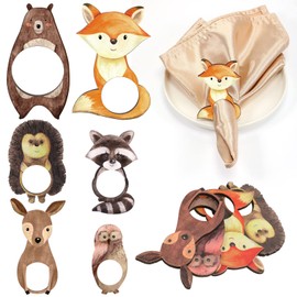 12 Pcs Woodland Animals Wood Napkin Rings Baby Shower Decorations Set of 6 Wood Animal Napkin Rings Cute Table Decor for Woodland Safari Jungle Themed Baby Shower Supplies Holiday Parties