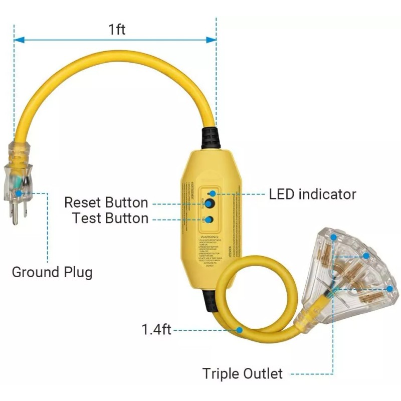 DEWENWILS 3FT Tri-Tap GFCI Extension Cord Heavy Duty 12/3 SJTW