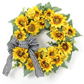Adeeing 18 Inch Artificial Sunflower Wreath for Front Door, Spring Summer Wreath with Burlap Bow Sunflowers Eucalyptus Leaves for Home Indoor Outdoor Wedding Farmhouse Holiday Porch Decor
