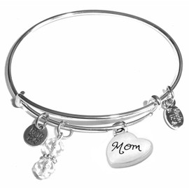 Hidden Hollow Beads Women's Stainless Steel Message Charm Expandable Wire Bangle Bracelet, Very Popular and Stylish, Arrives in a Gift Bag. (Mom)