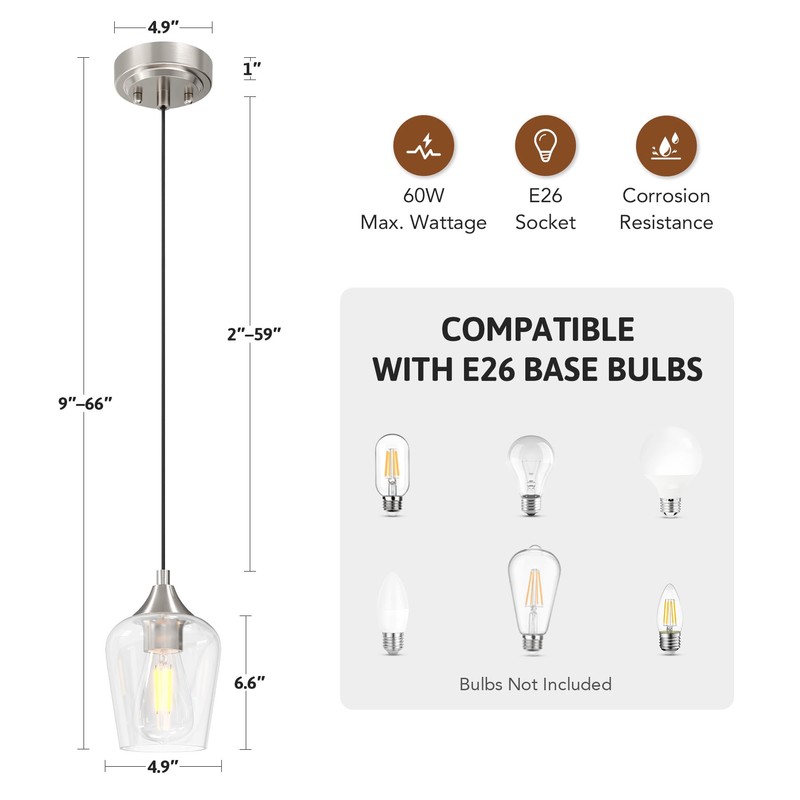 VONLUCE Pendant Lights Kitchen Island, Brushed Nickel Pendant Light Fixtures