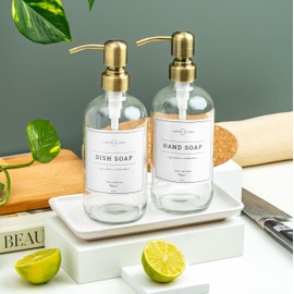 Vine Creations Glass Soap Dispenser, 2 Pack Kitchen Soap Dispenser Set with Ceramic Tray, Stainless Steel Pump, Dish Soap Dispenser for Kitchen, Hand Soap Dispenser Bathroom with Waterproof Labels