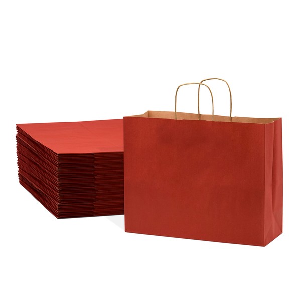 Prime Line Packaging 8x4x10 100 Pack Small Red Gift Bags with Handles, Christmas Shopping Bags, Kraft Shopping Bags for Boutiques, Small Business Bulk