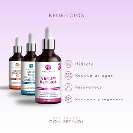 PUREZA NATUR Kit Serum facial Acido Hialurónico, Vitamina C y Retinol anti edad | Paquete completo de serum para el cuidado de la piel, hidratación y 