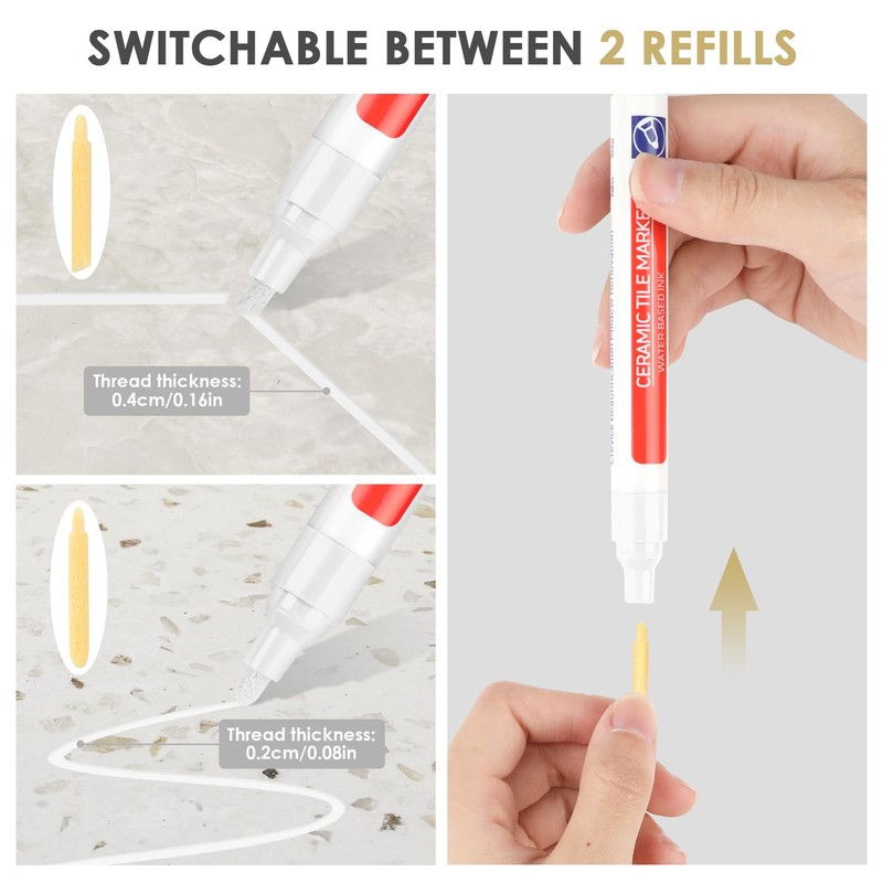 White Grout Pen, 6 Pieces Joint Pen, White with Replacement