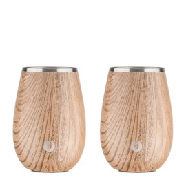 SNOWFOX Premium Vacuum Insulated Stainless Steel Classic White Wine Glass, Set of 2, Chilled Wine Stays Cold, Lightweight Stemless Cocktail Glass, Elegant Home Entertaining Barware, 8oz, Natural Teak