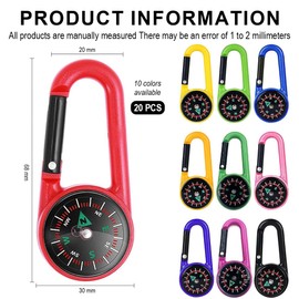 YOYEAH Pack of 20 compass key rings, colourful mini carabiner key rings with robust and precise compass design for outdoor adventures and as party bags, children, climbing birthday