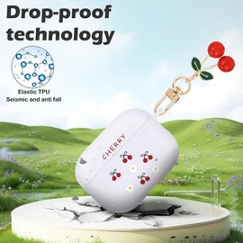 Cute Cherry Case for Airpods Pro Cover with Lovely Cherry Keychain, Pretty Flowers Design Women Shockproof Soft TPU Frosted Translucent Case Cover for Airpods Pro (2019)