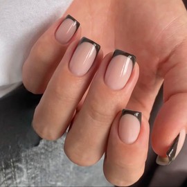 KQueenest Soft Gel Press On Nails French Tip - Pack of 30 Brown Nails for Sticking Short Square Natural Fake Nails Artificial Fingernails Shiny Acrylic Full Cover French Nails for Women