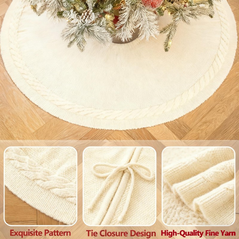 48 inches White Knitted Christmas Tree Skirt: Thick Cable Knit
