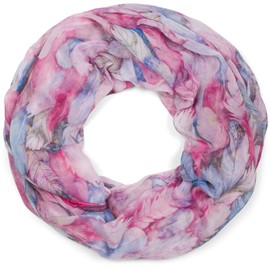 styleBREAKER 01016239 Women's Loop Scarf with Colourful Feather Pattern, Light Summer Boho Tube Scarf, Multicoloured, pink-blue