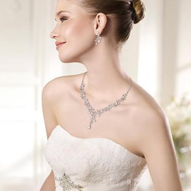 Clearine Wedding Jewellery Set for Women Bride, Y-Necklace Dangle Earrings Set Stunning Crystal Teardrop Leaf Flower Cluster Prom Jewellery for Bridal Bridesmaid Clear Silver-Tone