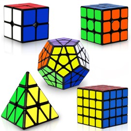 Coolzon Speed Cube Set 5 Pack Magic Puzzle Cubes Pyraminx Pyramid + Megaminx + 2x2x2 + 3x3x3 + 4x4x4 Cube Toys with PVC Stikers for Kids Adults
