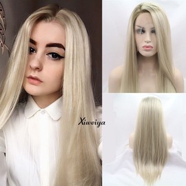 Xiweiya Long Hair Blonde Lace Front Wigs With Brown Roots Silky Straight Synthetic Lace Front Wigs Side Part For Women Heat Resistant Wigs Half Hand Tied 180% Density 24 Inches