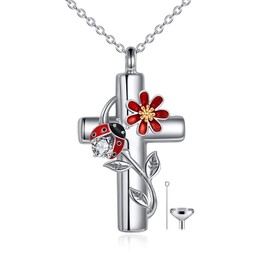 CRMAD Ladybug Urn Necklace for Ashes Sterling Silver Ladybug Cross Cremation Necklace Jewelry for Women Pet