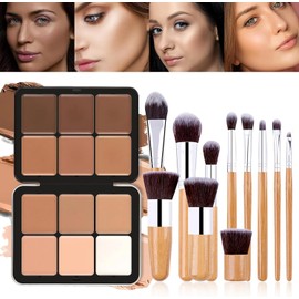 Joyeee Paleta De Maquillaje Profesional En Crema Para Contorno, 12 Colores, Corrector De Cobertura Total Y Set De Brochas. Ideal Para Contornear El Rostro. Un Regalo Perfecto Para Mujeres Y Niñas.