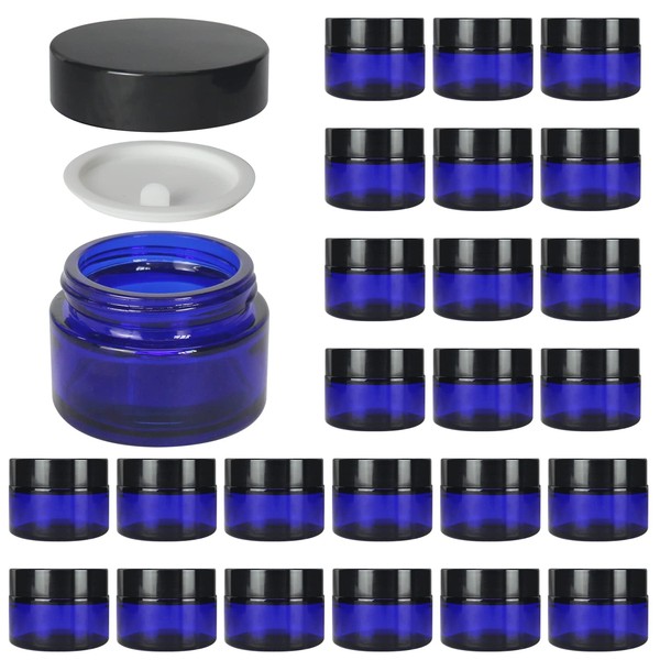 BPFY 24 Pack 1 oz Round Blue Glass Cosmetic Jars