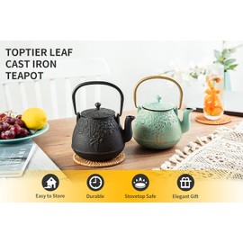 Tea Kettle, TOPTIER Japanese Cast Iron Tea Pot for Stove Top, Cast Iron Teapot Humidifier for Wood Stove, Leaf Design Tea Kettle Coated with Enameled Interior for 32 Ounce (950 ml), Black