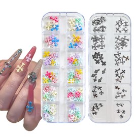 Solxion Nail Parts, Cross Nail Parts, 2 Case, 3D, Colorful, Retro, Silver, Cute, Handmade, Craft Material, DIY Accessories, Nail Parts, Metal Parts, Nail Design Supplies