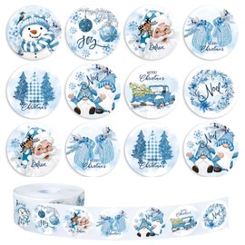 Whaline 1000Pcs Merry Christmas Stickers Roll Watercolor Blue Xmas Tree Santa Snowman Decals 8 Design Self-Adhesive Stickers for Winter Holiday Party Decor Supplies