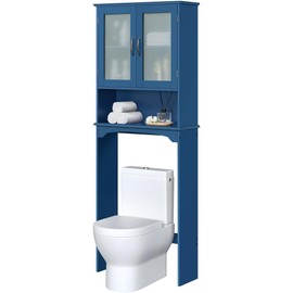 Yaheetech Over The Toilet Storage Cabinet, Free Standing Toilet Rack with Adjustable Shelves and Tempered Glass Doors for Bathroom Washroom, Navy Blue
