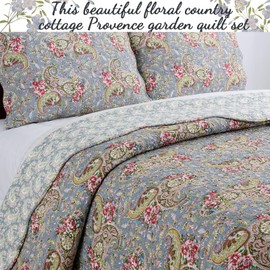 Cozy Line Home Fashions Cottage French Floral Country 100% Cotton Reversible Bedding Quilt Set, Bedspread, Coverlet (Provence Garden, Queen - 3 Piece)
