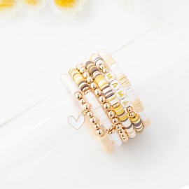 Surfer Heishi Bracelets Set for Women Stackable Gold Clay Ploymer Bead Stretch B