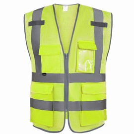 Dazonity High Visibility Mesh Safety Vest with Multi Pockets and Zipper, Fit for Men & Women, Work, Construction, Surveyor